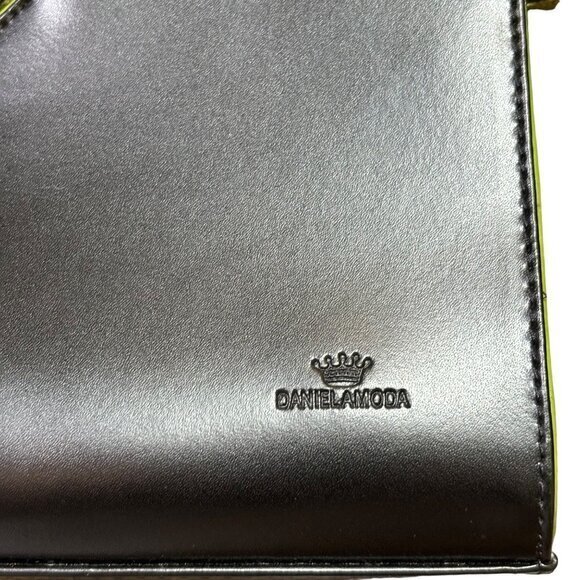 Daniela Moda Vera Pelle Leather Double Top Handle Convertible Bag Black Green NE - Picture 3 of 8